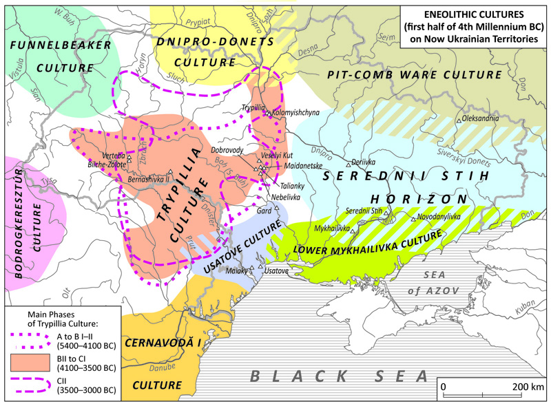 Image - Eneolithic cultures (first half of the 4th millennium BC) on now Ukrainian territories (map concept: Marko Robert Stech from his Configurations of the Spirit: Reflections on the History of Culture in Ukraine; map by Dmytro Vortman).  