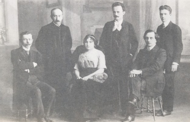 Image - Some members of Moloda Muza. Sitting (l-r): Volodymyr Birchak, Neonilia Pachovska, Ivan Kosynin; standing, Mykhailo Yatskiv, Vasyl Pachovsky, Mykhailo Strutynsky.
