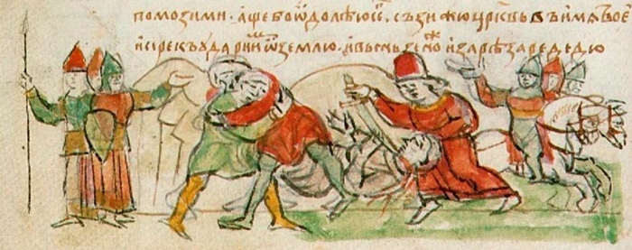 Image - The duel of Mstyslav Volodymyrovych with Rededia (from the Radziwill Manuscript).