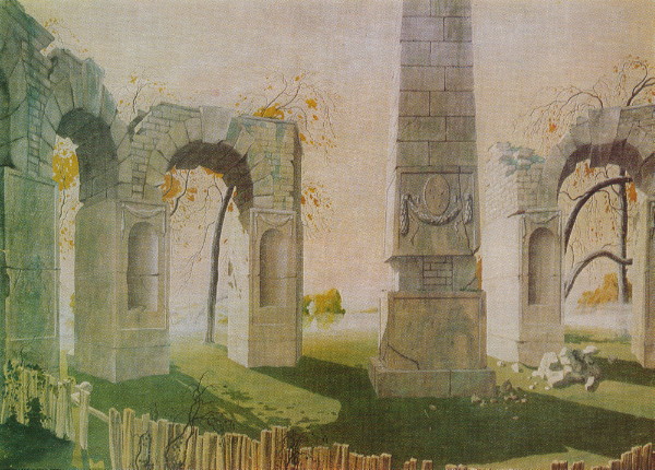 Image -- Heorhii Narbut: Ruins and Obelisks (1917).