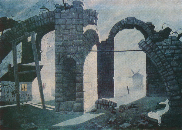 Image -- Heorhii Narbut: Ruins and Windmills (1919).