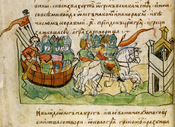 Image -- Prince Olehs campaign against Byzantium (13th-century illumination from the Radziwill Manuscript).
