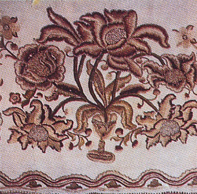 Image - Ornament: flower and vase motifs embroidered with silk and metallic thread on linen (18th-century Slobidska Ukraine).
