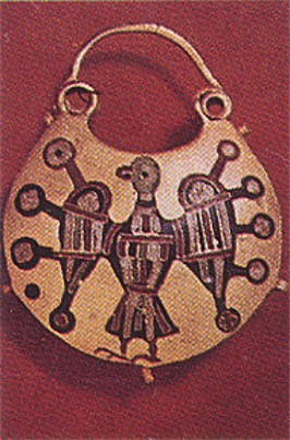 Image - Ornament: stylized bird on a pendant earring (gold and enamel, 12th- to 13th-century Kyiv).