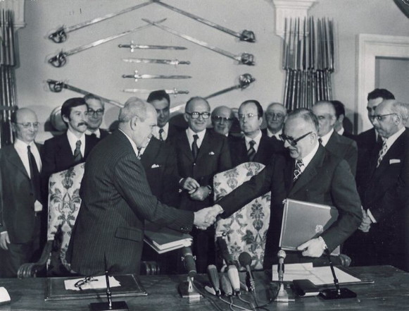 Image -- Signing of one of the Paris Peace Treaties of 1947.