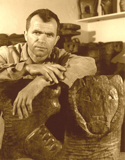 Image -- Hryhorii Petsukh with his sculptures.