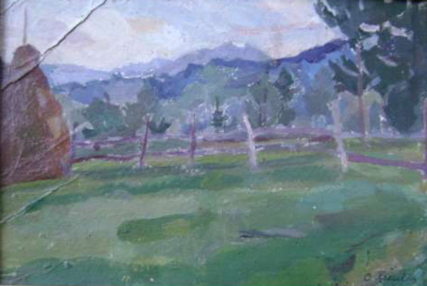 Image - Olha Pleshkan: Landscape with Haystack (1940s-50s).