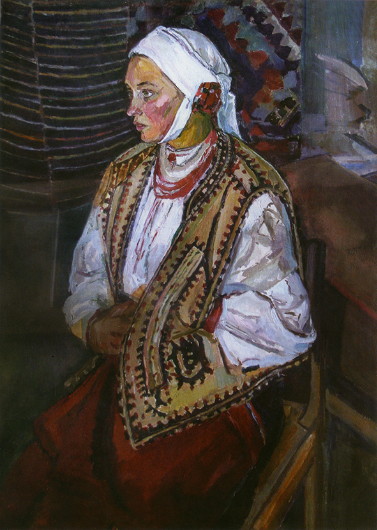 Image -- Olha Pleshkan: Woman Wearing a Traditional Headdress (1932).