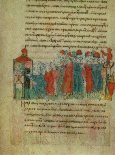 Image - Prince Ihor concludes a peace treaty with Byzantium (an illumination from the Rus' Chronicle). 