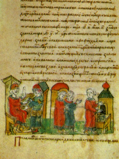 Image - Prince Oleh concludes a peace treaty after his victory over Byzantium (an illumination from the Rus' Chronicle). 