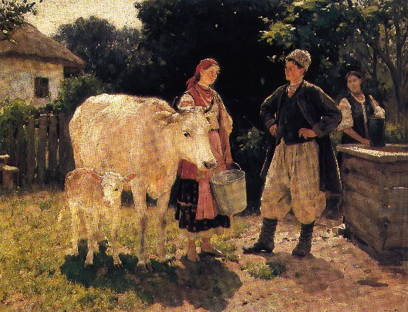 Image -- Mykola Pymonenko: Young People (At the Well) (a.k.a. Rivals) (1909).