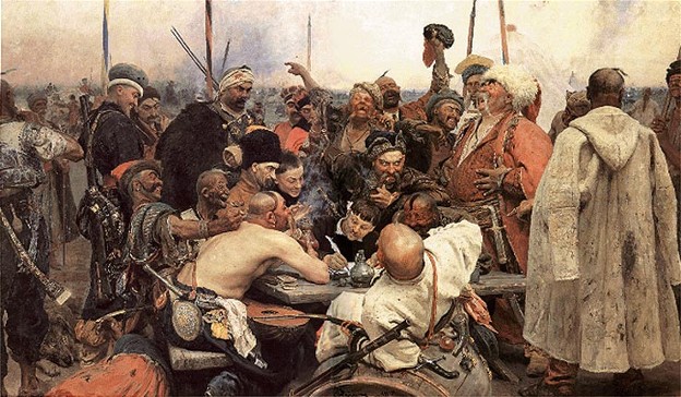 Image -- Ilia Repin: The Zaporozhian Cossacks Write a Letter to the Turkish Sultan (1880-91).