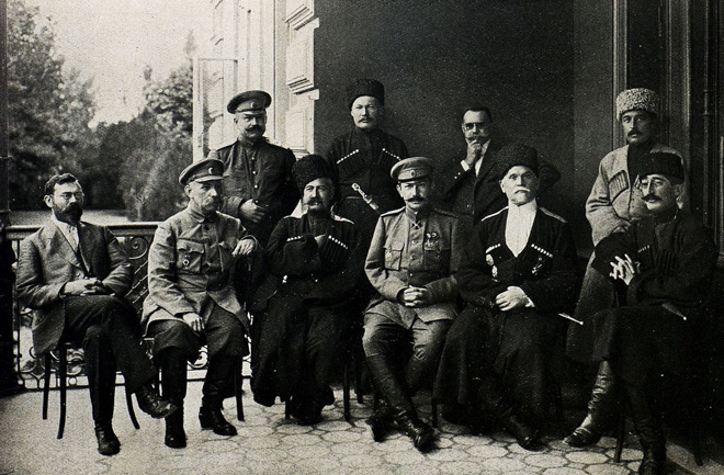Mykola Riabovol (standing, second from left) among Don, Kuban, and Terek Cossack leaders. Image - Mykola Riabovol (standing, second from left) among Don, Kuban, and Terek Cossack leaders.