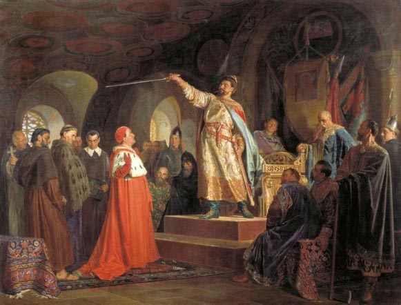 Image - N. Nevrev: Roman [Mstyslavych] of Halych Receives Envoys from Pope Innocent III (1875, The National Art Museum of the Republic of Belarus).