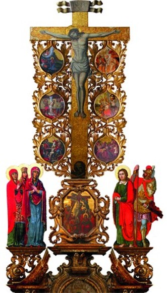 Image -- Ivan Rutkovych: the Crucifixtion with scenes of Christ's Passion from the Zhovkva iconostasis (ca. 1697-99).