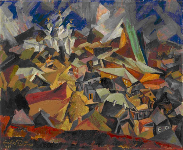 Image -- Issachar Ber Ryback: A Town (1917).