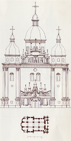 Image - Saint Nicholas's Military Cathedral in Kyiv (floor plan and western facade).