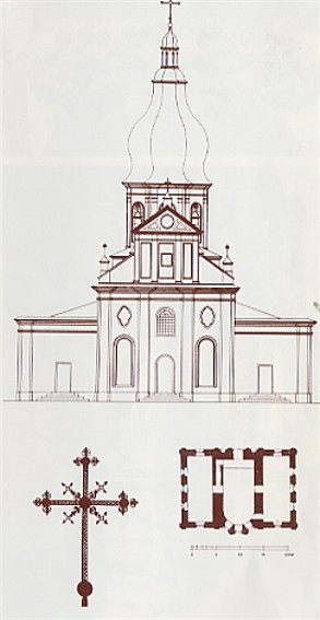 Image -- Saint Nicholas's (Small) Monastery in Kyiv: floor plan and the main facade (1840s drawing).