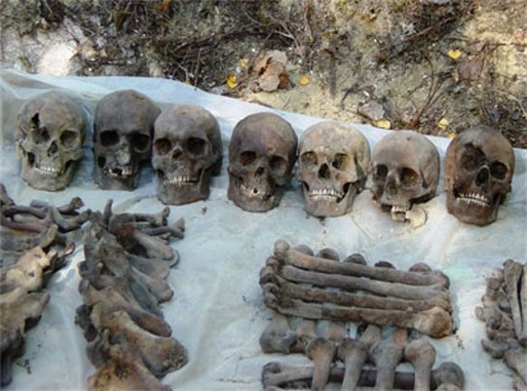 Image -- Bones of prisoners executed by the NKVD in November 1937 in Sandarmokh, Karelia region, RFSSR.