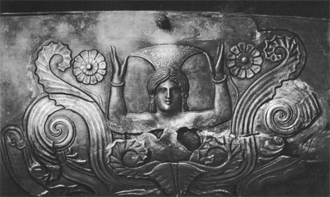 Image - A detail (depicting the Scythian goddess Agrimpasa) of a Scythian silver amphora from the Chortomlyk kurhan.