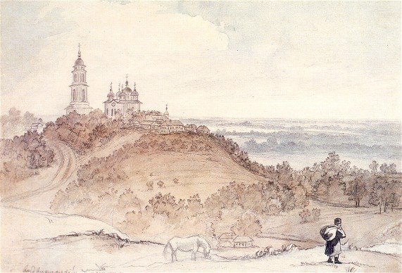 Image -- Taras Shevchenko: Monastery of Elevation of the Cross in Poltava (1845).