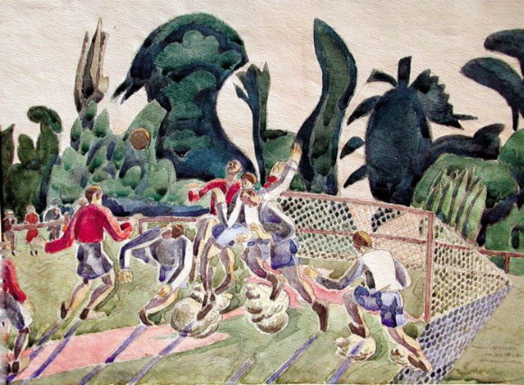 Image -- Osyp Sorokhtei: Charging the Goal (1929).