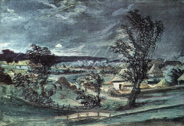 Image -- Vasilii Tropinin: Storm in a Ukrainian Village (1820).