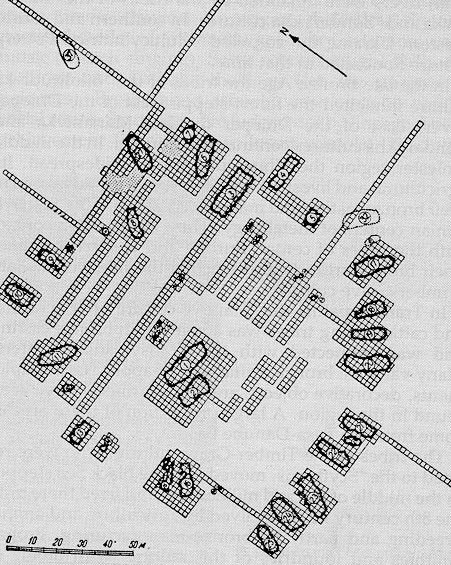 Image - Plan of a Bronze Age Trypilian culture settlement at Kolomyishchyna, Kyiv region; drawing according to T. Passek, 1949.