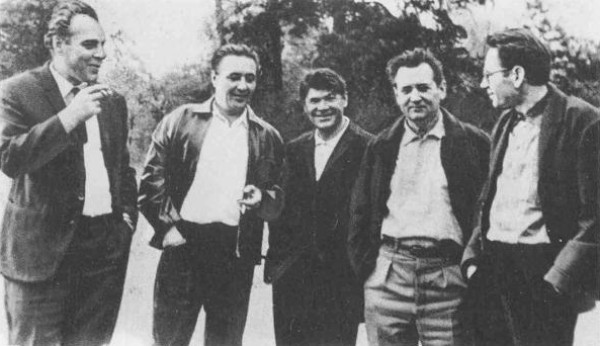 Image -- Ukrainian 1960s writers: Vasyl Zemliak, Mykola Zarudny, Oleksii Kolomiiets, Oles Honchar, Pavlo Zahrebelny.