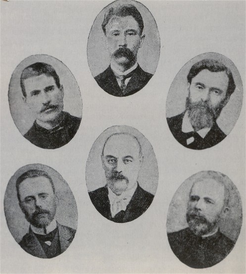 Image -- Founders of the Ukrainian Parliamentary Club in the First Russian State Duma: (1906) top row, from left: Mykola Onatsky, Vasyl Shemet, Pavlo Chyzhevsky; bottom row: Andrii Viazlov, Illia Shrah, Havrylo Zubchenko.