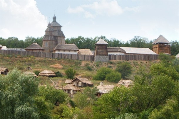 Image -- The reconstructed Zaporozhian Sich complex on the Khortytsia Island.